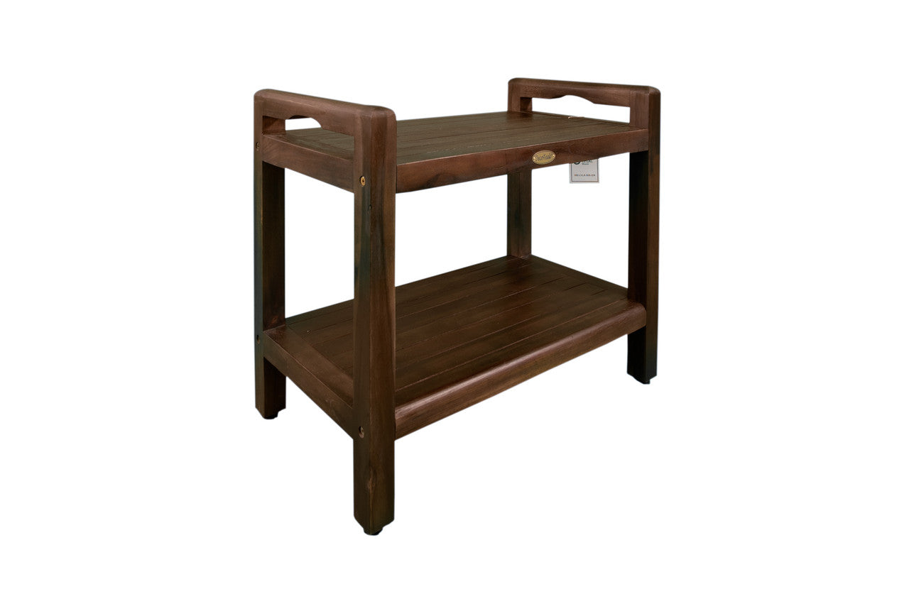 DecoTeak® Eleganto® 24" Teak Wood Shower Bench with LiftAide® Arms and Shelf in Woodland Brown Finish