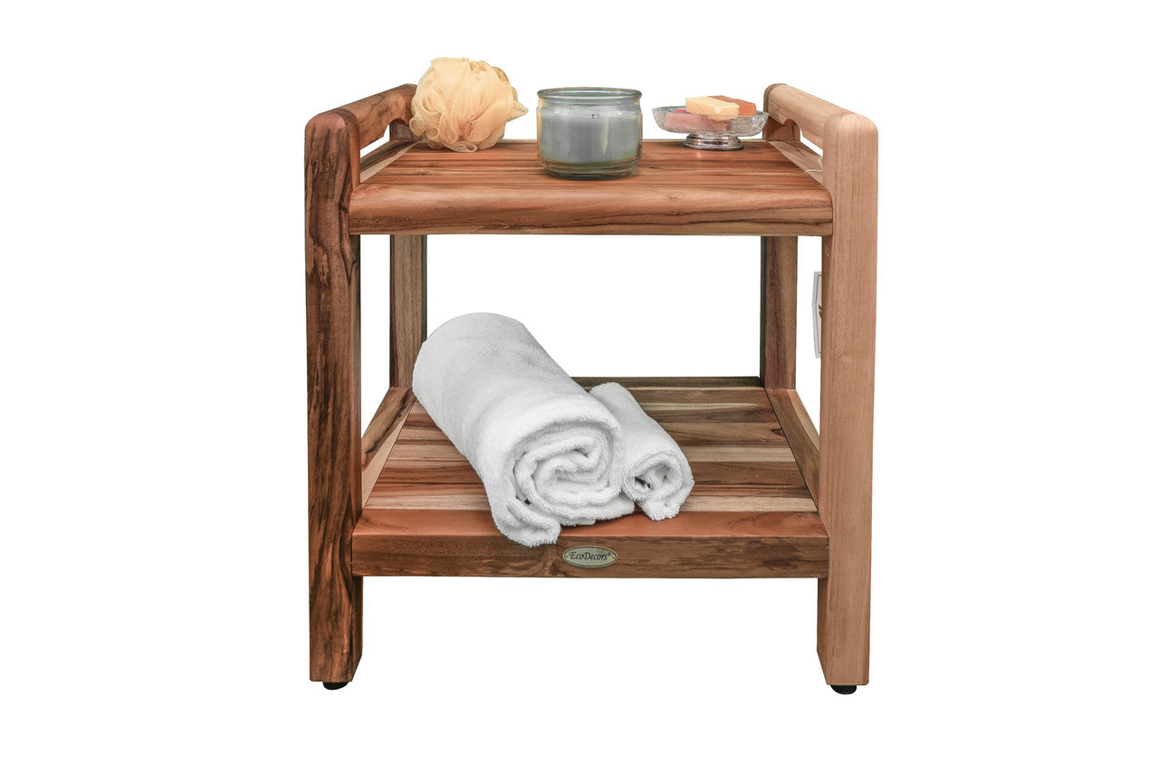 EcoDecors® Eleganto® 20" Teak Wood Shower Bench with LiftAide® Arms and Shelf in EarthyTeak Finish