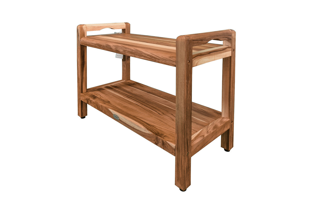 EcoDecors® Eleganto® 30" Teak Wood Shower Bench with LiftAide® Arms and Shelf in EarthyTeak® Finish