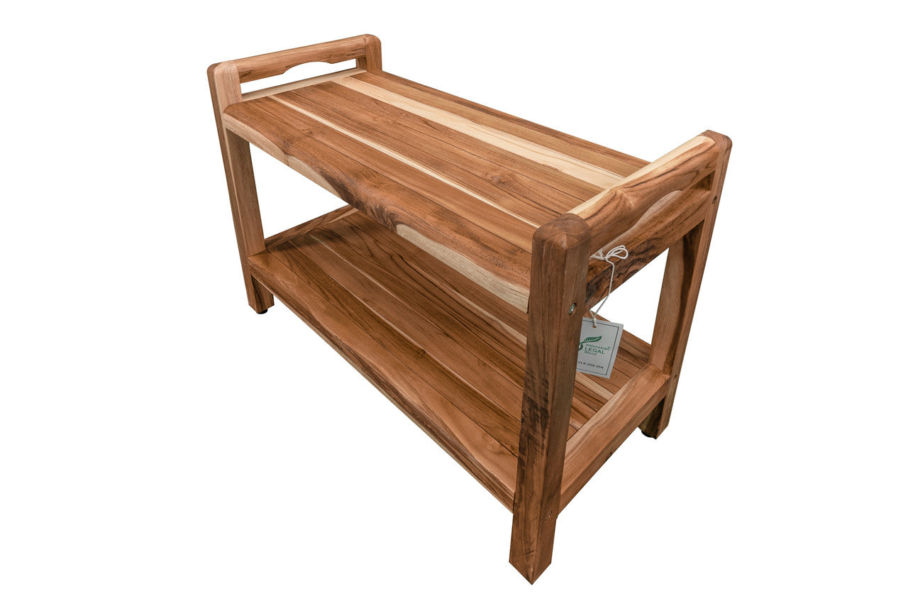 EcoDecors® Eleganto® 30" Teak Wood Shower Bench with LiftAide® Arms and Shelf in EarthyTeak® Finish