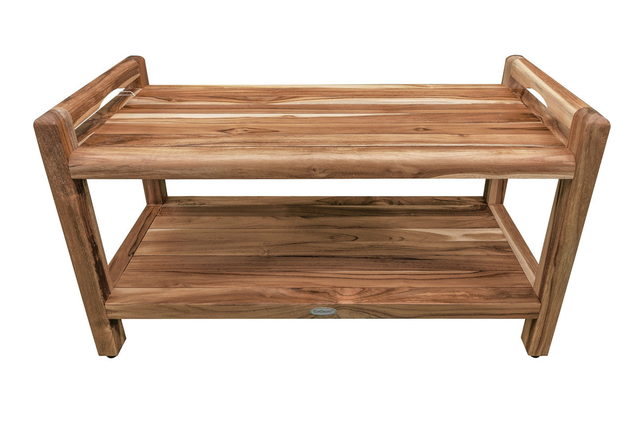 EcoDecors® Eleganto® 35" Teak Wood Shower Bench with LiftAide® Arms and Shelf in EarthyTeak Finish