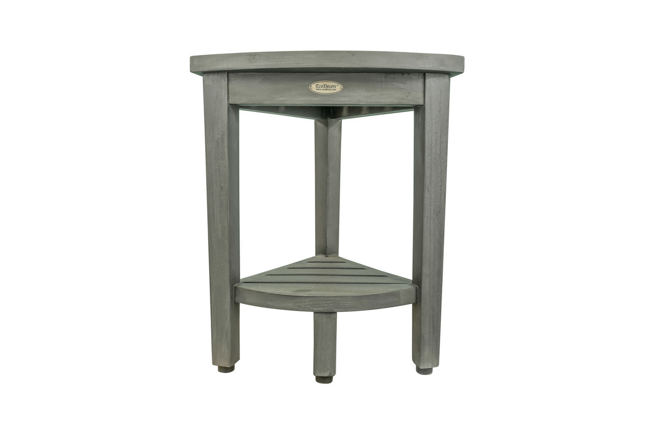 CoastalVogue® SnazzyCorner® 15" Teak Wood Corner Shower Bench with Shelf in Antique Gray Finish