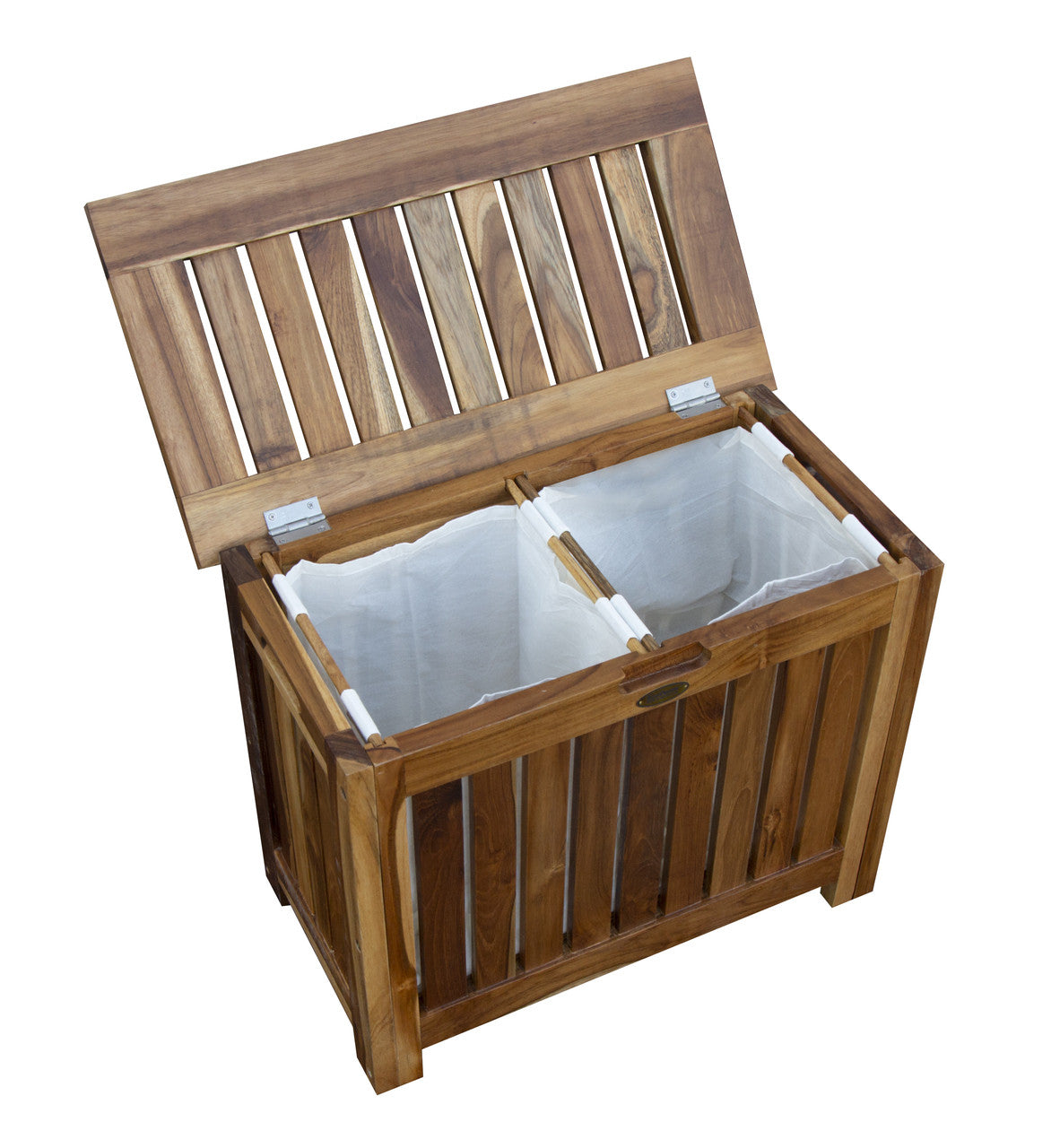 EcoDecors® Eleganto® 23" Wide Teak Wood Double Laundry Storage Hamper with Removable Bags in EarthyTeak® Finish