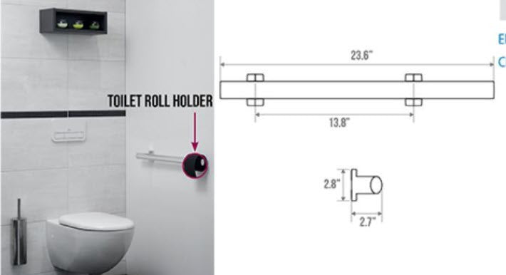 Ebony Gray Horizontal Designer Grab Bar- Multi Purpose with toilet roll holder