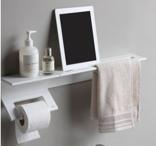 Duality™ White Slim Line Hybrid™ Floating Shelf With Toilet Paper Holder, Towel Holder & Grab Bar