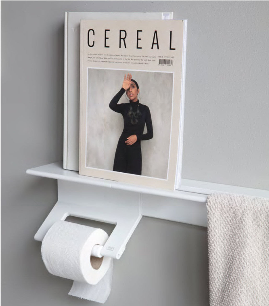 Duality™ White Slim Line Hybrid™ Floating Shelf With Toilet Paper Holder, Towel Holder & Grab Bar
