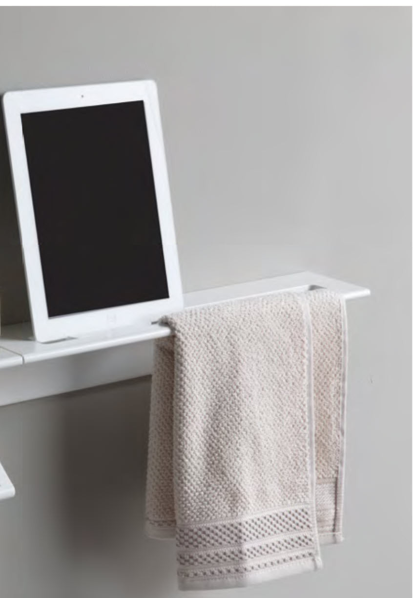 Duality™ White Slim Line Hybrid™ Floating Shelf With Toilet Paper Holder, Towel Holder & Grab Bar